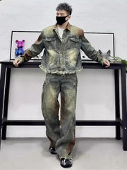 Men's Brown Dyed Denim Distressed Jacket and Jeans Set