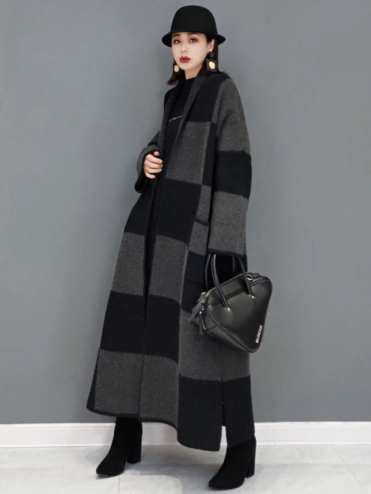 HEYFANCYSTYLE Checkered Hand-Knit Overcoat