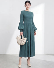 Balloon Sleeve Pleated Dress