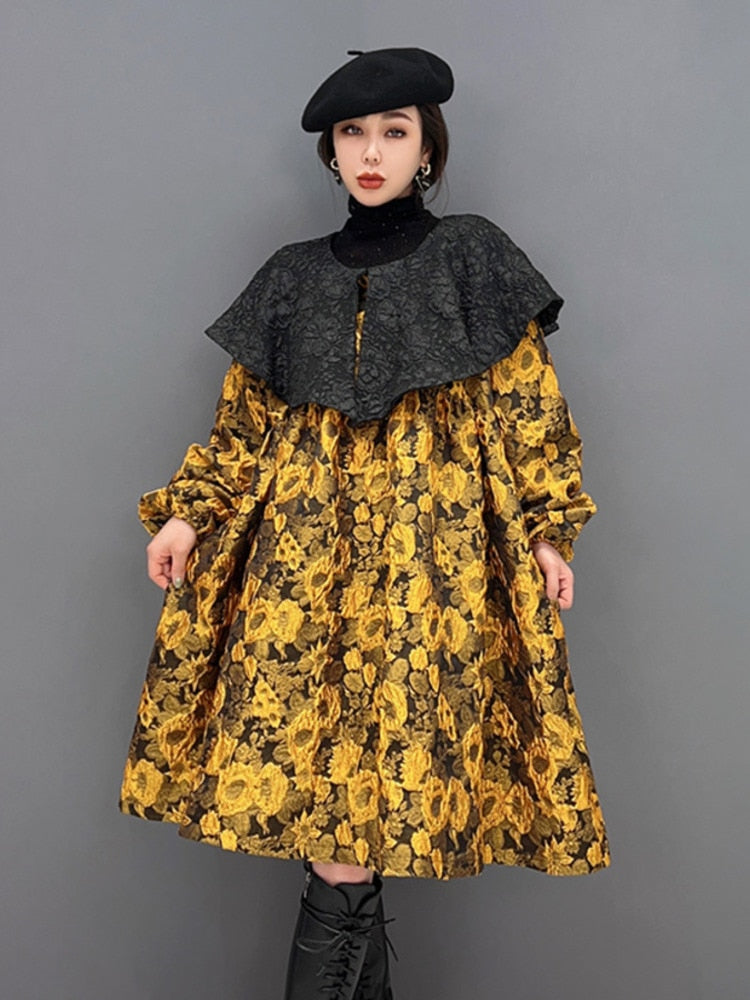 Floral Luxe Knitted Oversized Collar Long Sleeve Dress