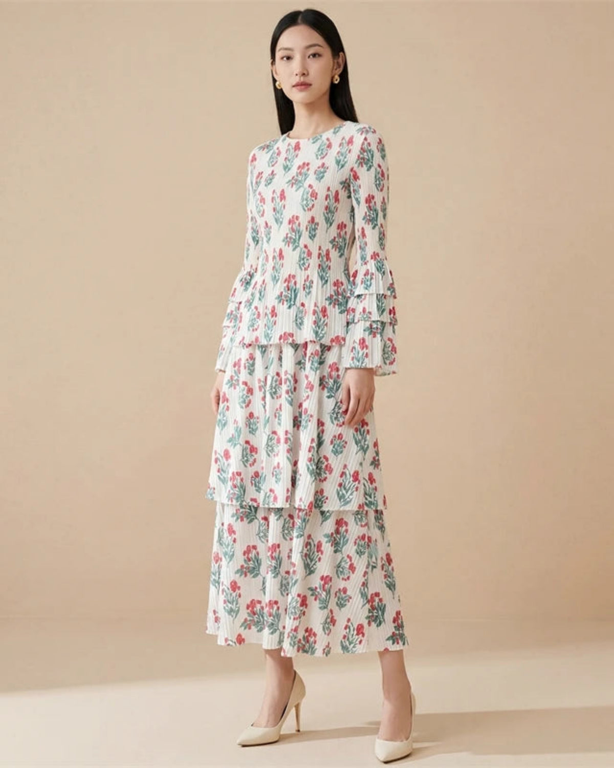 Luxury Pleated Bell-Sleeve Dress