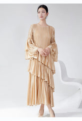 Couture Plissé Pleated Ruffle Sleeve Midi Dress