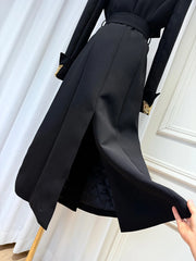 Luxury Black Belted Long Coat with Butterfly Details