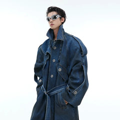 Men's Oversized Long Denim Trench Coat (Padded Shoulders)