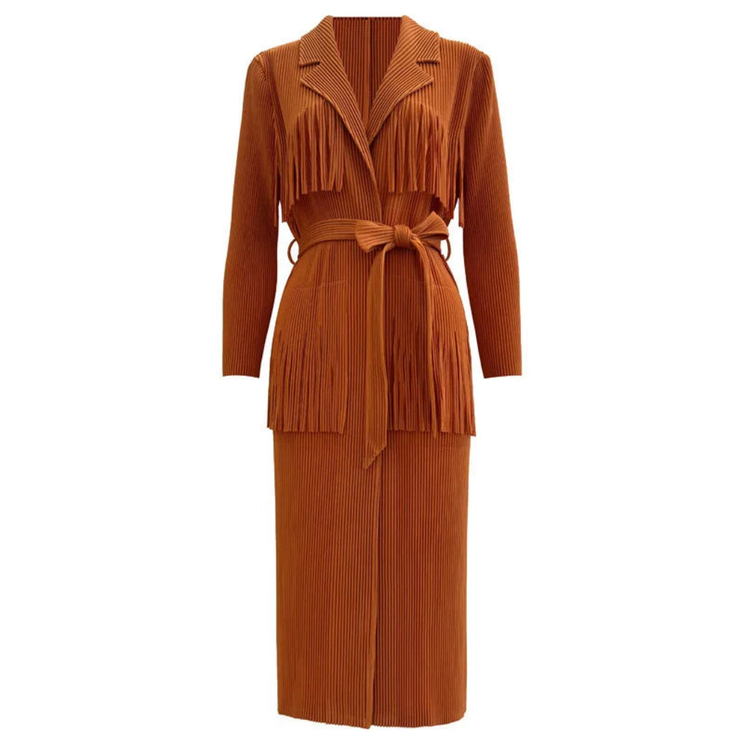 Luxe Plissé Pleated Tassel Long Coat