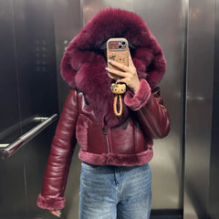 Fox Fur Trimmed Shearling Leather Hooded Jacket