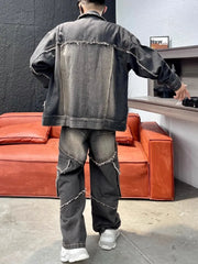 Men's 2 Piece Set Distressed Denim Cargo Jacket & Jeans