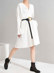 HEYFANCYSTYLE White Oversized Pleated V-Neck Dress