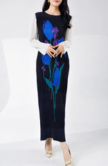 Floral Plissé Long Sleeve Dress