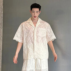 Men's Sheer 2-Piece Embroidery White Lace Suit Set