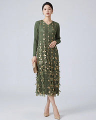 Plissé Metallic Floral Dress