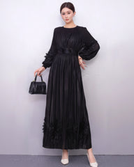 Floral Plissé Long Sleeve Dress