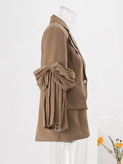 Women's Brown Blazer with Pleated Knotted Sleeves