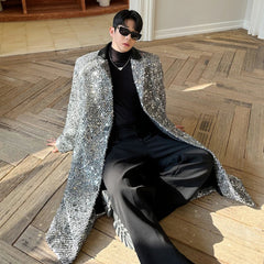 Trendy Men's Long Trench Coat with Sequins