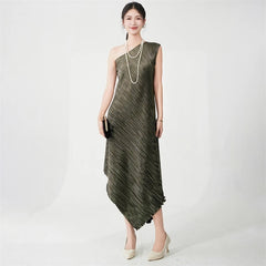 Asymmetric Pleated Midi Dress