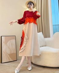 Unique Plissé Long-Sleeve Dress