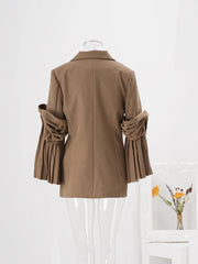 Women's Brown Blazer with Pleated Knotted Sleeves