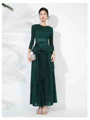 Maxi Skirt Set with Pleated Long Sleeve Top