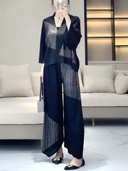 Luxury Pleated Cardigan Top with Wide-Leg Trousers