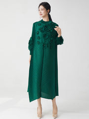 Luxe Plissé Pleated Floral Long Sleeve Dress