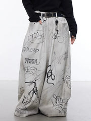 Men's Streetwear Oversized Beige Graffiti Wide Leg Trousers