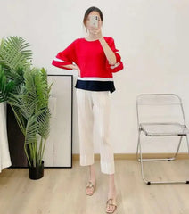 Truly Pleated Stripe 3/4 Sleeve Top