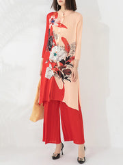 Floral Japanese Pleated Blouse & Pull-On Trousers