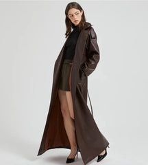 Women's Ultra Long Vegan Leather Trench Coat