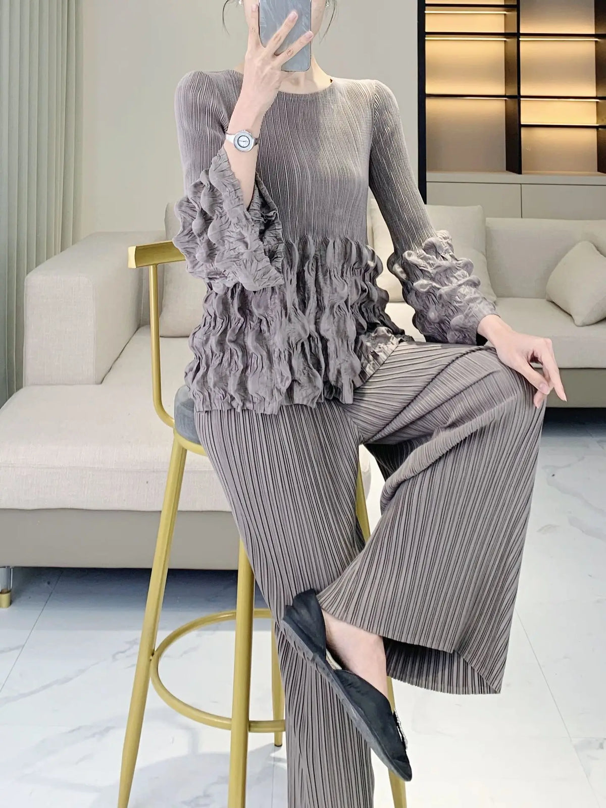 Flax Ruffle Wide Leg Ruffle Tier Pleated Top & Wide Leg Pant Set – HEYFANCYSTYLE