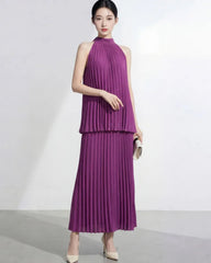 Elegant Plissé Halter Midi Dress