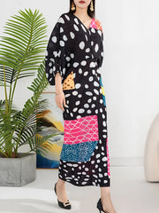 Women's Polka Dot Batwing Sleeve Pleated Midi Dress
