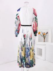 Women's Elegant Floral White Pleated Midi Dress