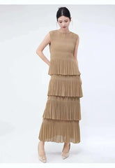 Unique Tiered Pleated Sleeveless Dress