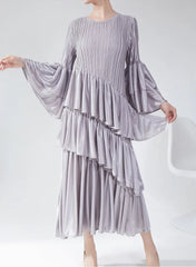 Couture Plissé Pleated Ruffle Sleeve Midi Dress