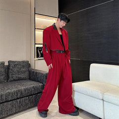 Men's Baggy Pants & Faux Leather Collar Jacket