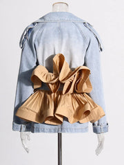 Women's Chic Denim Jacket with Khaki Ruffles