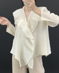 Elegant Plissé Ruffle Blouse Top