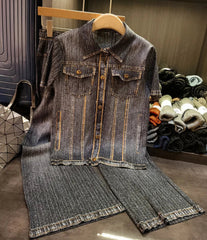 Denim Pleated Blouse & Wide Leg Pants