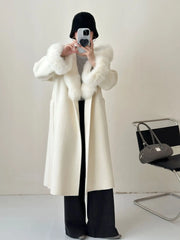 Luxury Wool-Blend Faux Fur Hooded Coat