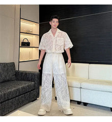 Men's Sheer 2-Piece Embroidery White Lace Suit Set