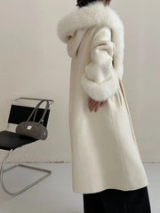 Luxury Wool-Blend Faux Fur Hooded Coat