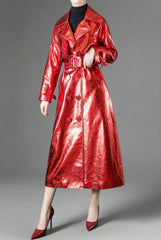 Women's Red Metallic Faux Leather Maxi Coat