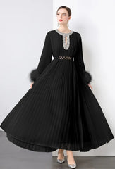 Luxe Pleated Crystal & Feather Dress