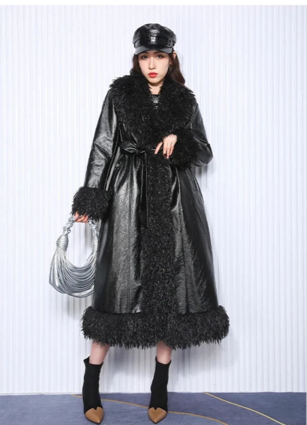 Couture Vegan Leather Trench with Shaggy Fur