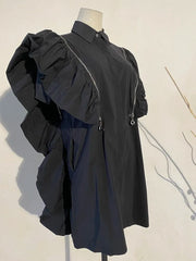 2-in-1 Classic Black Zipper Ruffle Sleeve Blouse
