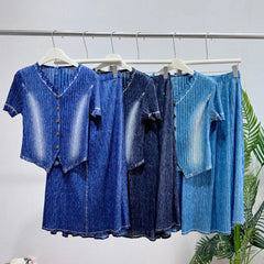 Luxury Denim Plissé Skirt Set