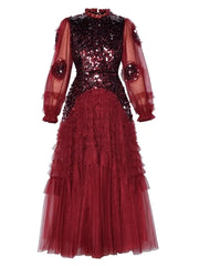 Red Ruffled Tulle Midi Dress - Sequin Embellished