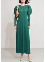 Puff Sleeve Plissé Midi Dress