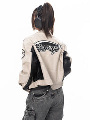 Cropped Faux Leather Jacket with Intricate Embroidery