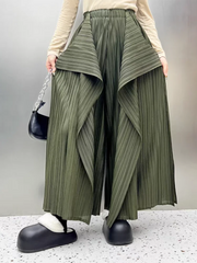 Asymmetric Wide-Leg Pleated Elastic Waist Trousers